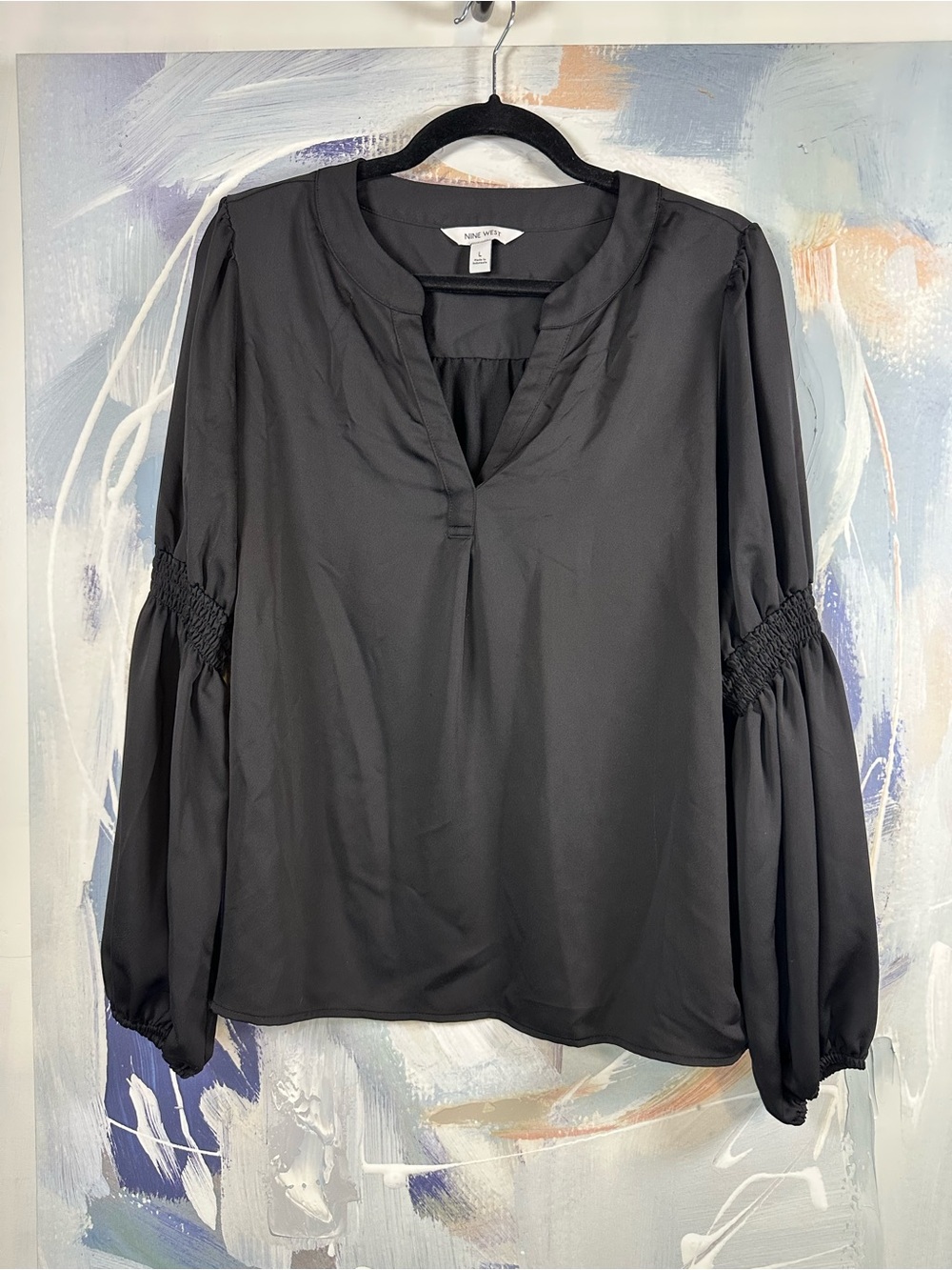 Nine West Black Smocked Sleeve Blouse V  Split Neck Balloon Sleeve Top L
